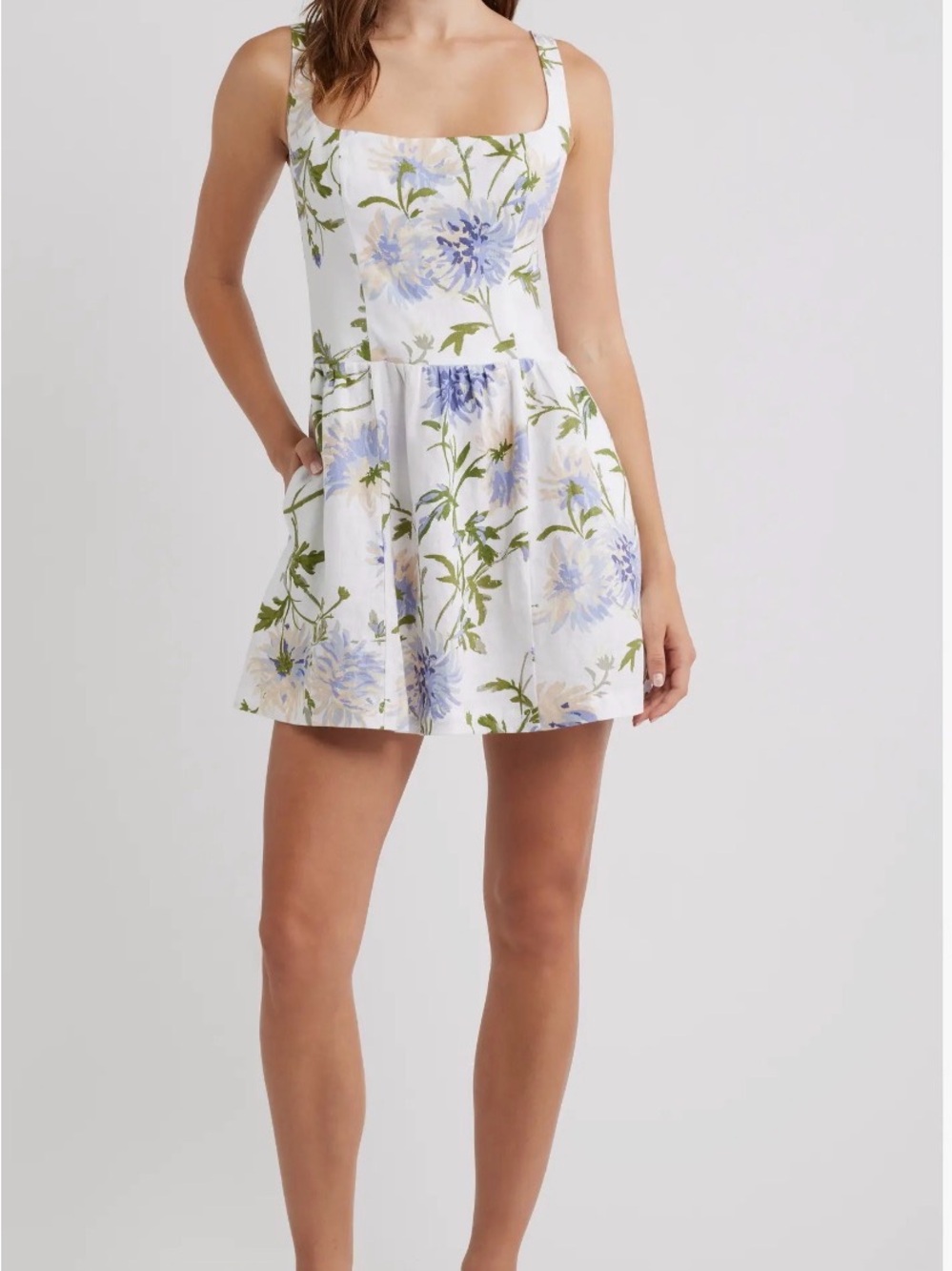 Reformation White Mini Dress with Blue Floral Print